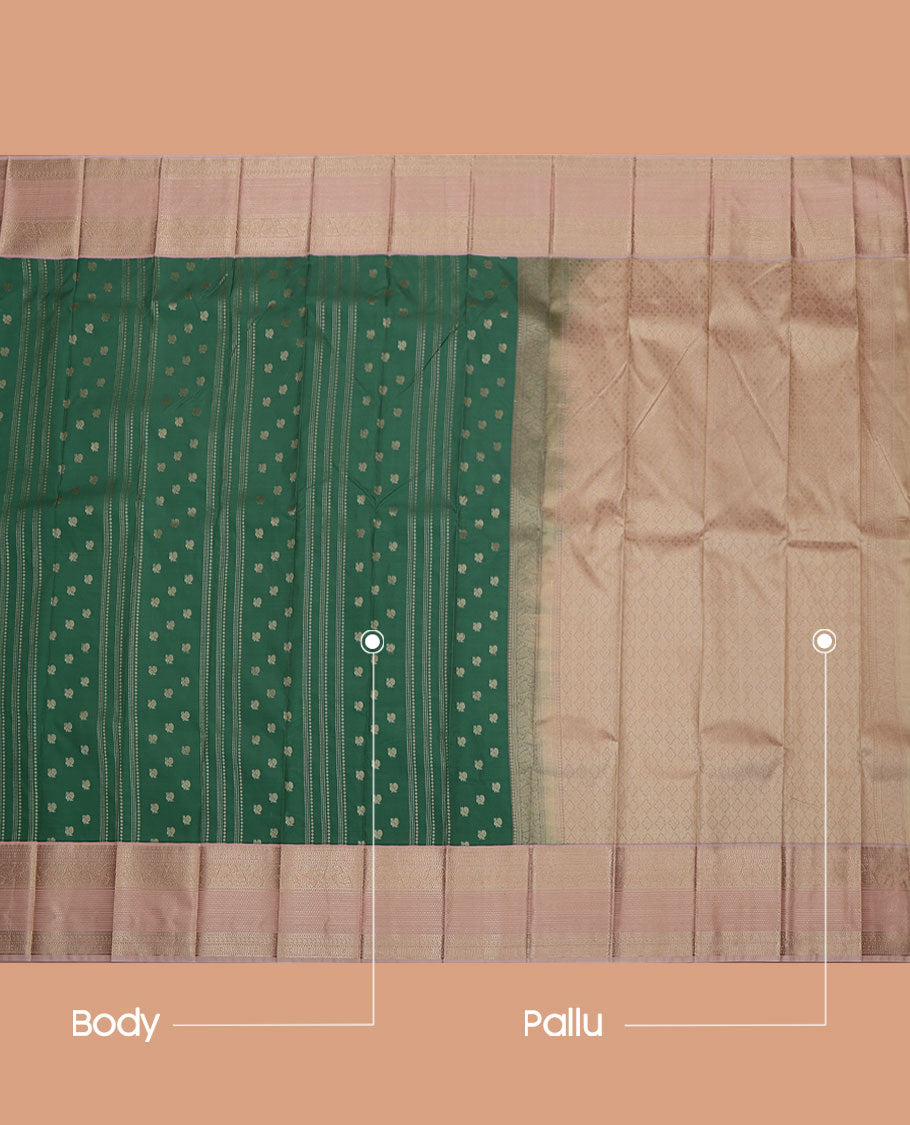 Green Budget Silk Saree, Bedecked with Stripes and Zari Buttas on Its Body, Complemented by Contrast Traditional Zari Design Border, Sparsely Woven Jaal Pallu, and Paired with a Contrast Blouse