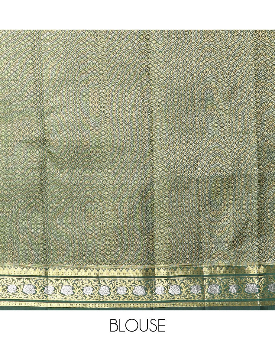 Green floral buttas kancheepuram silk saree with self border of rekku, paun, kodi visiry design & floral striped design pallu