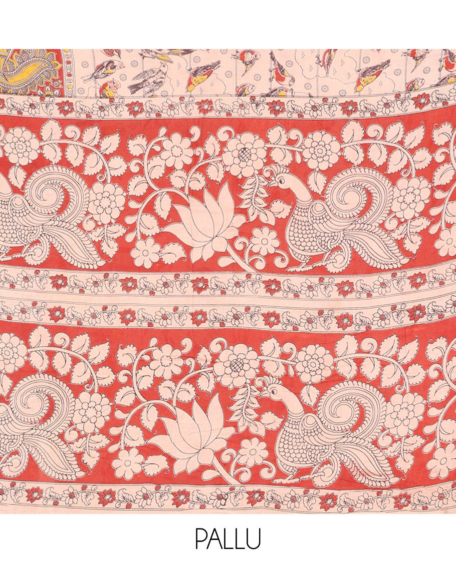 Sandal Kalamkari Cotton Saree, Crafted with Bird Motifs Print, Contrast Peacock Border, Pallu of Peacock Print, and a Matching Blouse
