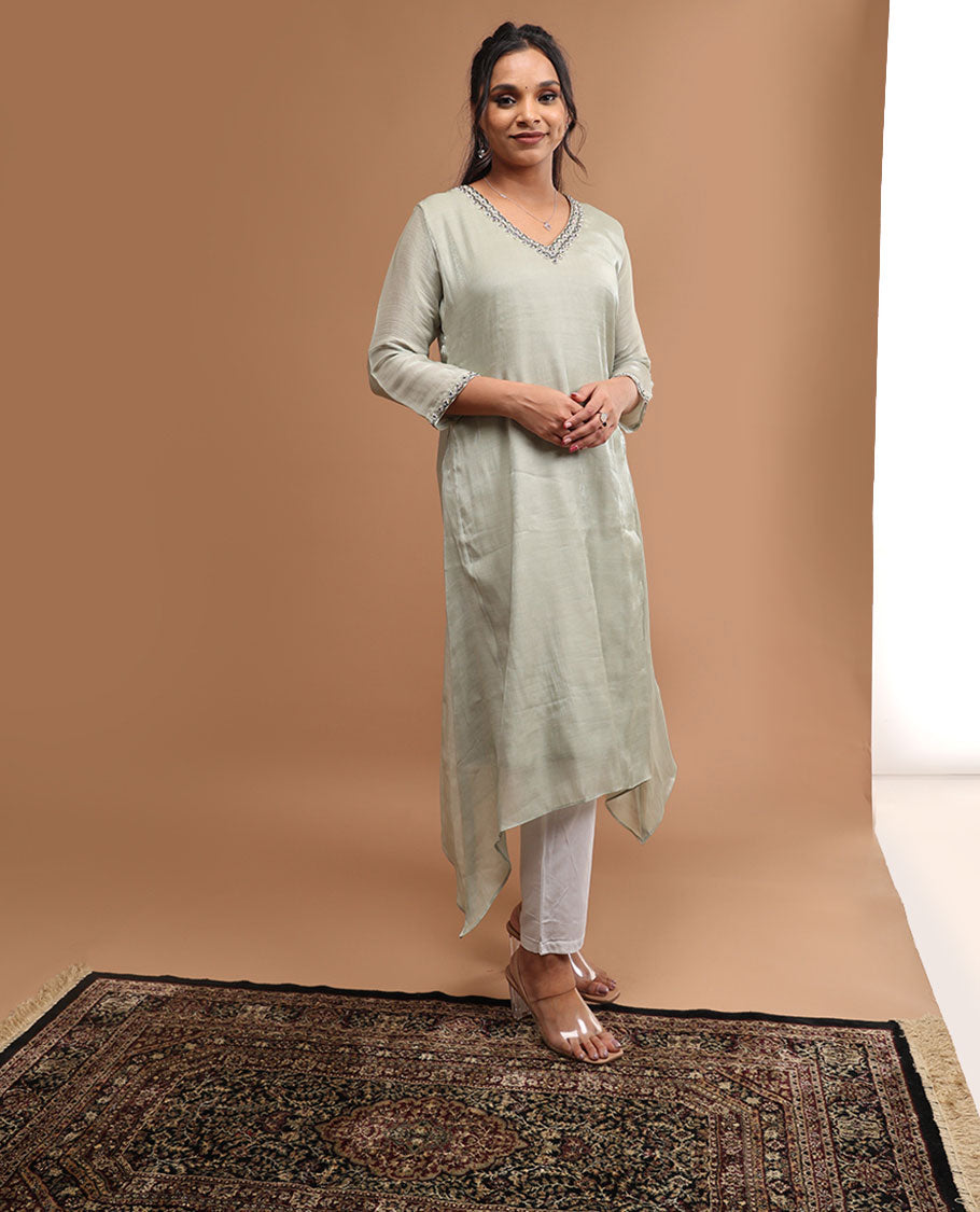 Grey embroidery v neck , 3/4 th sleeve , below knee length kurti