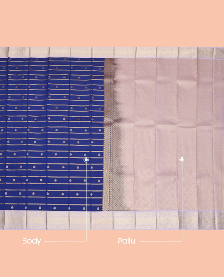 Blue Budget Silk Saree, Artfully Detailed with Zari Buttas and Stripes, Complemented by a Contrast Traditional Border, Jaal Pallu, and a Contrast Blouse
