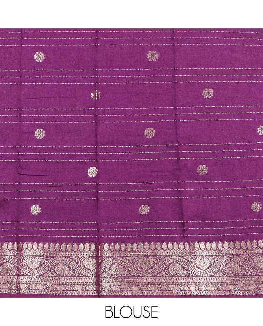 Onion Pink Assam Silk Saree, Crafted with Zari Buttas and Stripes, Complemented by Contrast Floral Creeper Zari Border, Zari Woven Pallu, and Contrast Blouse