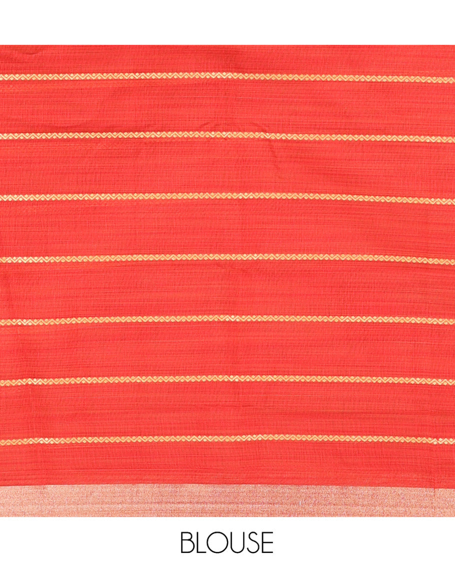 Pista Green Semi-Silk Cotton Saree Features Veldhari Stripes, Gold Zari Border, Contrast Striped Pallu and a Contrast Blouse