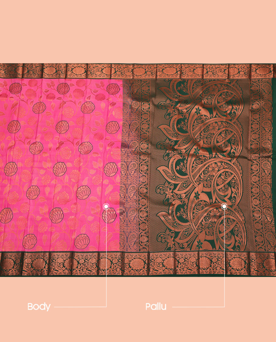 Pink Budget Silk Saree, Detailed with Jacquard Design, Complemented by a Contrast Floral Creeper Zari Border, Grand Pallu, and Contrast Blouse