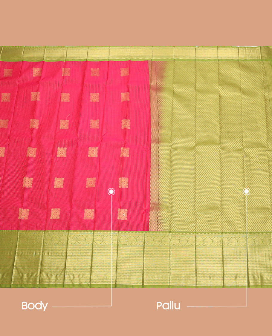 Red Budget Silk Saree, Detailed with Zari Buttas and Stripes, Complemented by a Contrast Traditional Zari Border, Jaal Pallu, and a Contrast Blouse