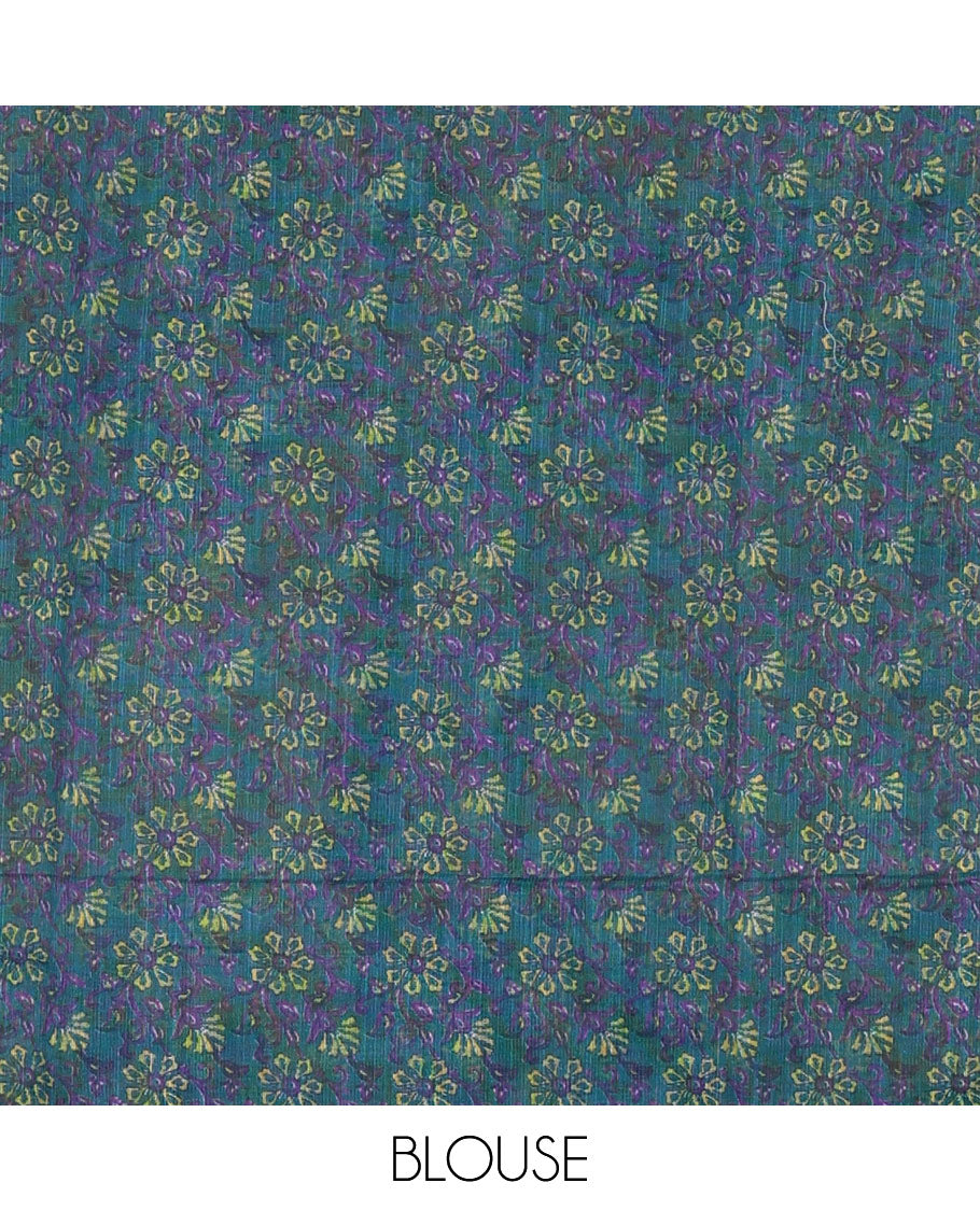 Borderless green big circle shibori printed linen cotton saree, contrast sanganeri floral block printed pallu, and a contrast printed blouse