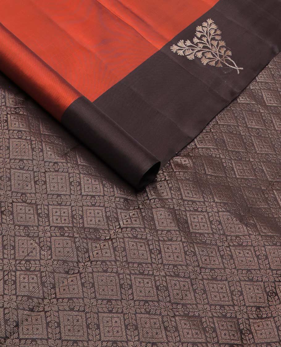 Orange floral zari buttas silk mix saree, contrast floral zari buttas border & pallu of jaal designs