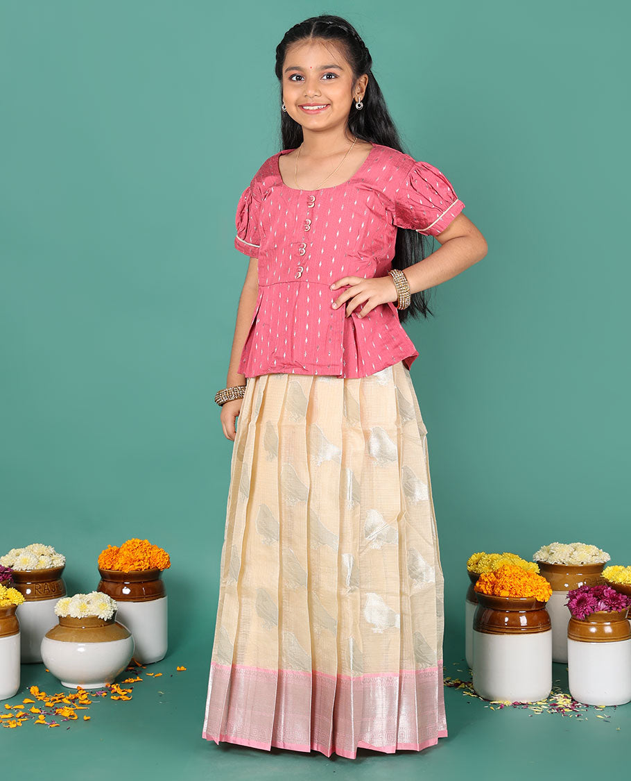 Sandal readymade art silk pavadai, sparrow buttas & contrast traditional border skirt, & contrast buttas round neck puff-sleeve blouse