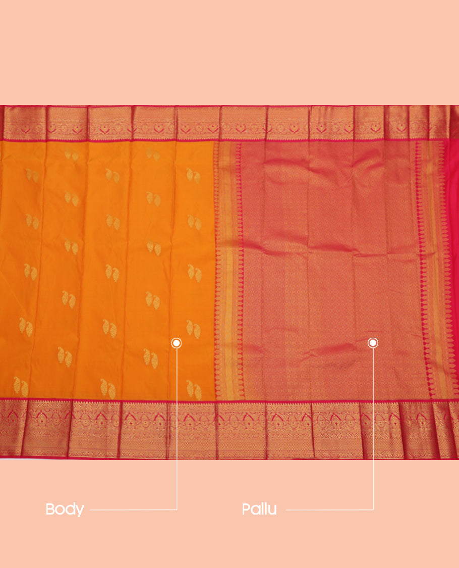 Orange Budget Silk Saree, Beautifully Bedecked with Zari Buttas, Complemented by Contrast Traditional Zari Border, Jaal Pallu, and a Contrast Blouse