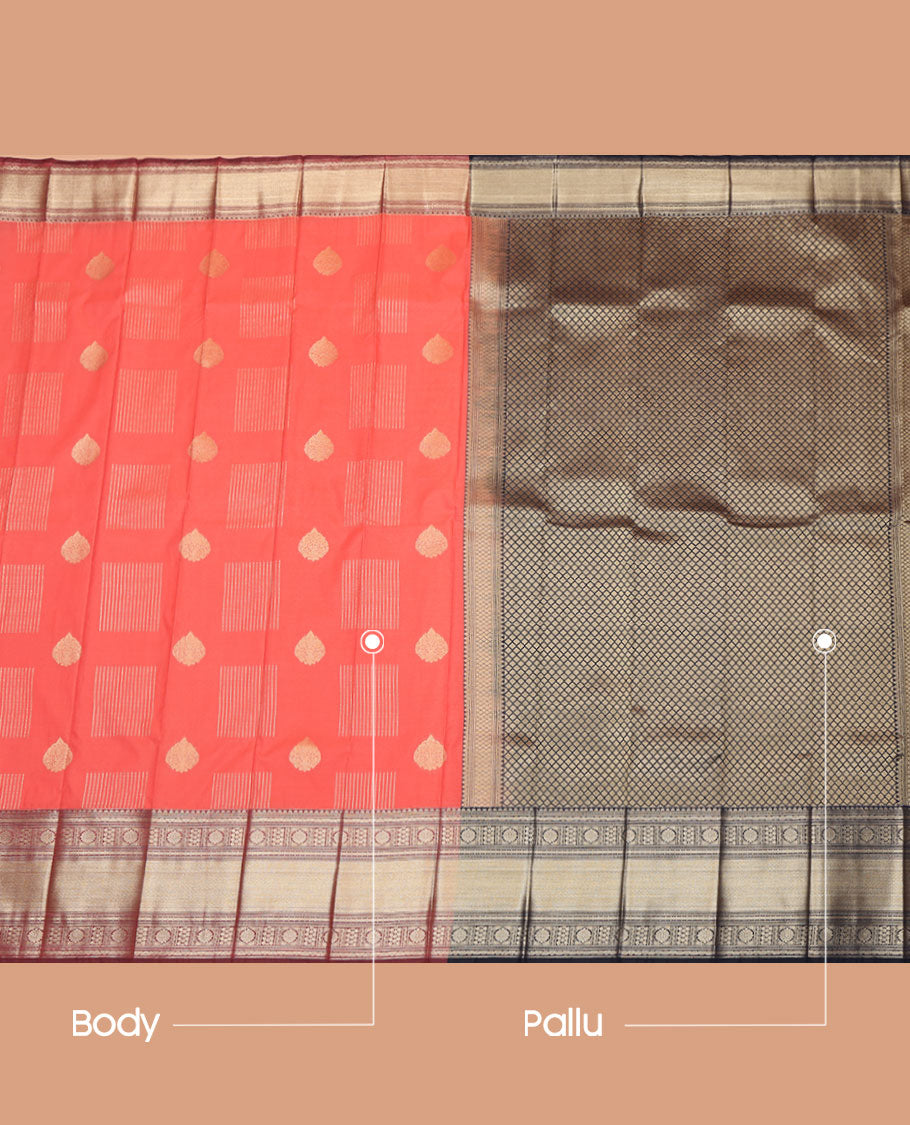 Peach Budget Silk Saree, Gleamed Up with Zari Buttas on Its Body, Complemented by a Contrast Traditional Zari Design Woven Border, Jaal Pallu, and Paired with a Contrast Blouse