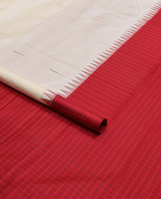 White motifs kancheepuram silk saree with contrast checked border & checked pallu