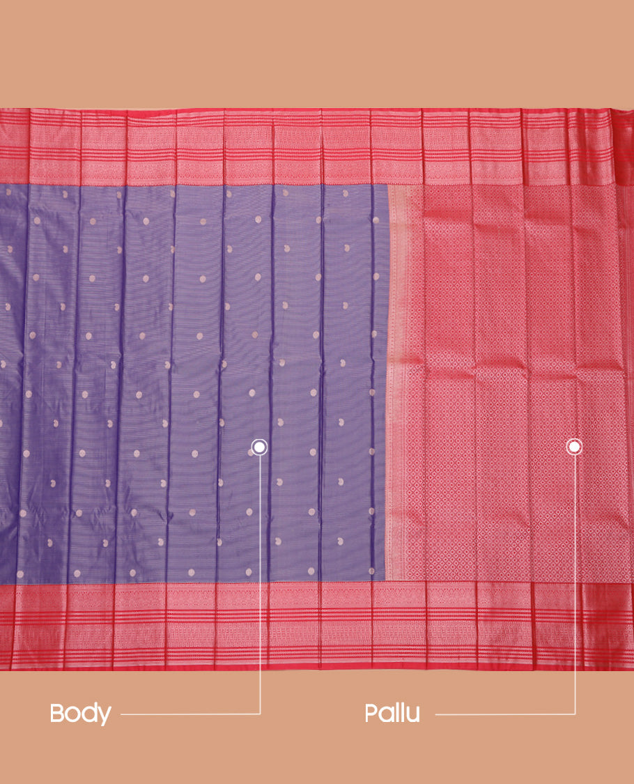 Lavender Budget Silk Saree, Subtly Sparkled With Zari Buttas and Stripes All Over Its Body, Complemented by Contrast Traditional Zari Designs Woven Border, Grand Jaal Pallu and Paired with a Contrast Blouse