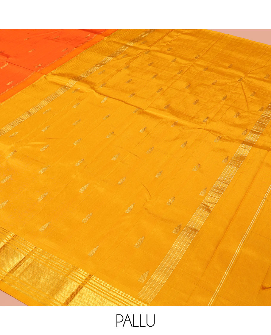 Orange Kanchipuram Silk Saree, Embellished with Zari Buttas, Contrast One-Sided Border of Paneer Sombu, Banaras, Muthu, and Mayil Kann Design, Zari Design Pallu, and No Blouse
