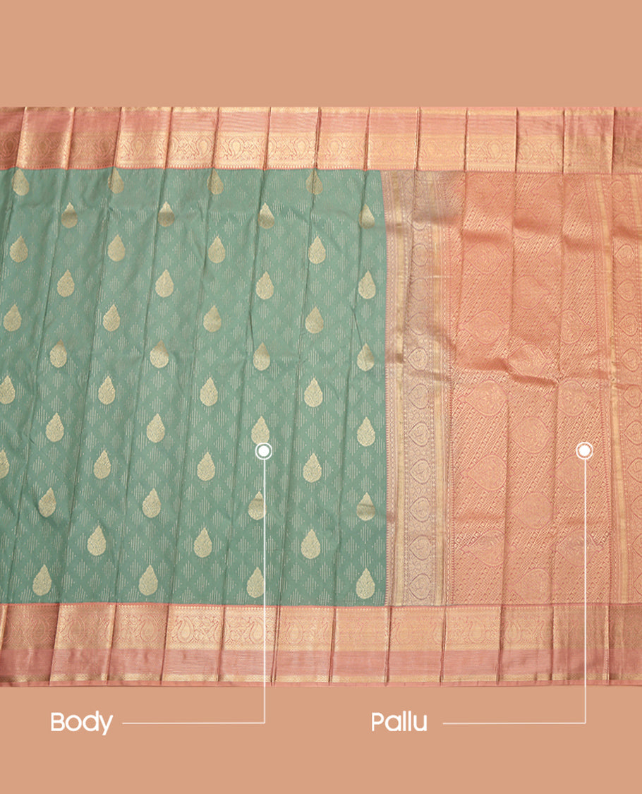 Green Budget Silk Saree, Subtly Sparkled with Zari Buttas, Complemented by a Contrast Traditional Border, Intricate Pallu, and Contrast Blouse