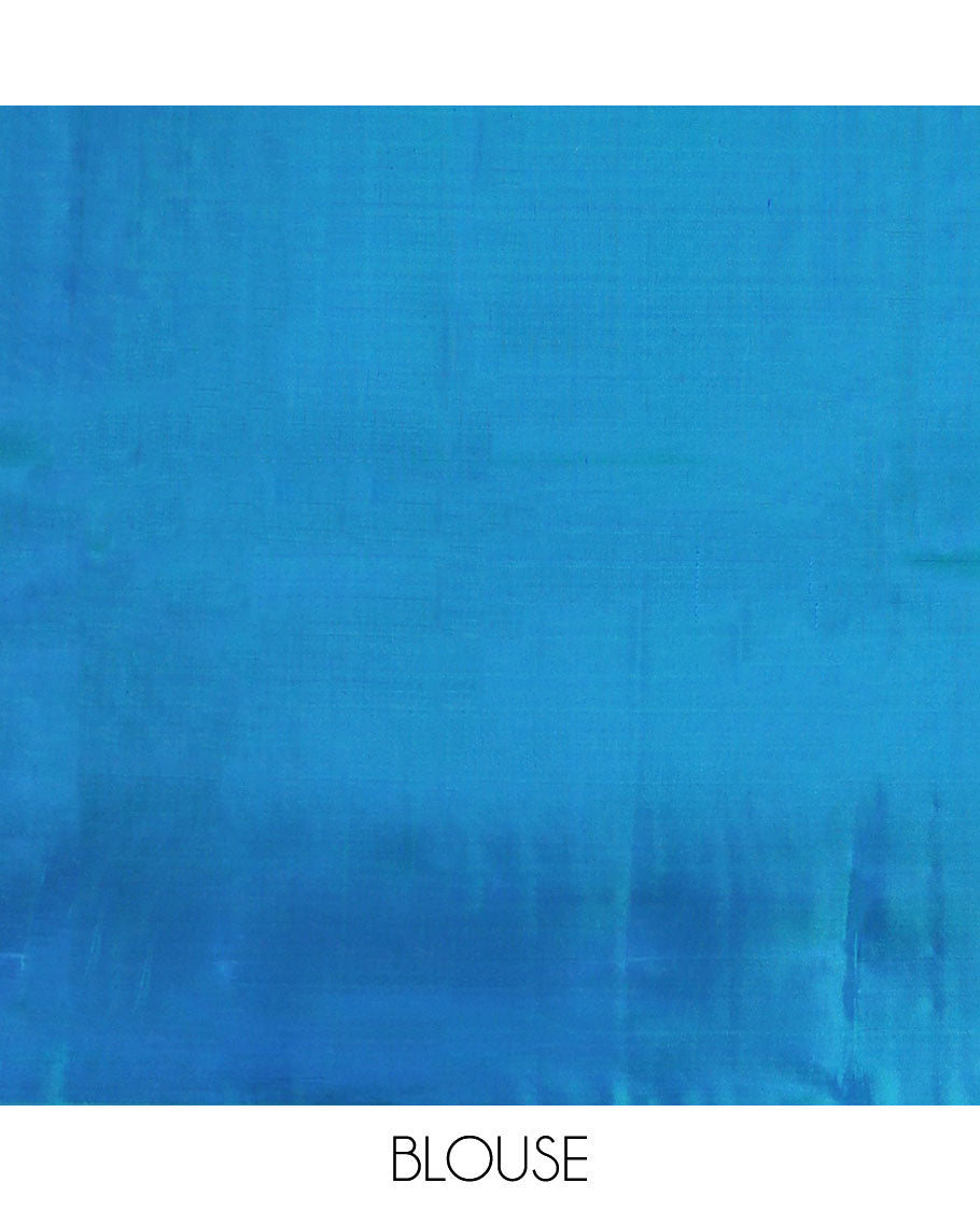 Blue Plain Vasundhara Silk Saree, Highlighted by Thazampoo Rekku Zari Border, Pallu of Mayil Kann, and Yaali Designs, and Paired with a Matching Blouse