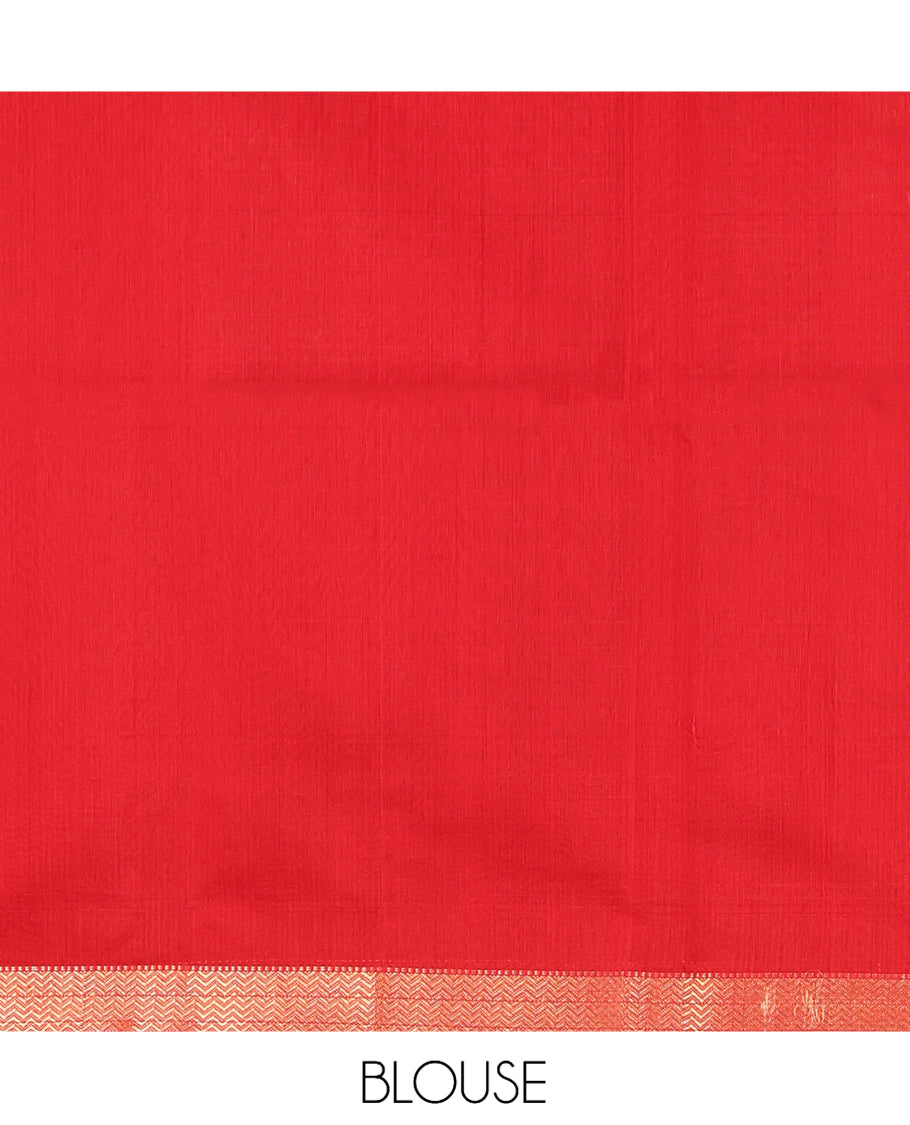 Red Maheshwari Cotton Saree, Accentuated with Buttas, Highlighted by a Chevron Zari Border, Pallu of Zari Buttas, and a Matching Blouse