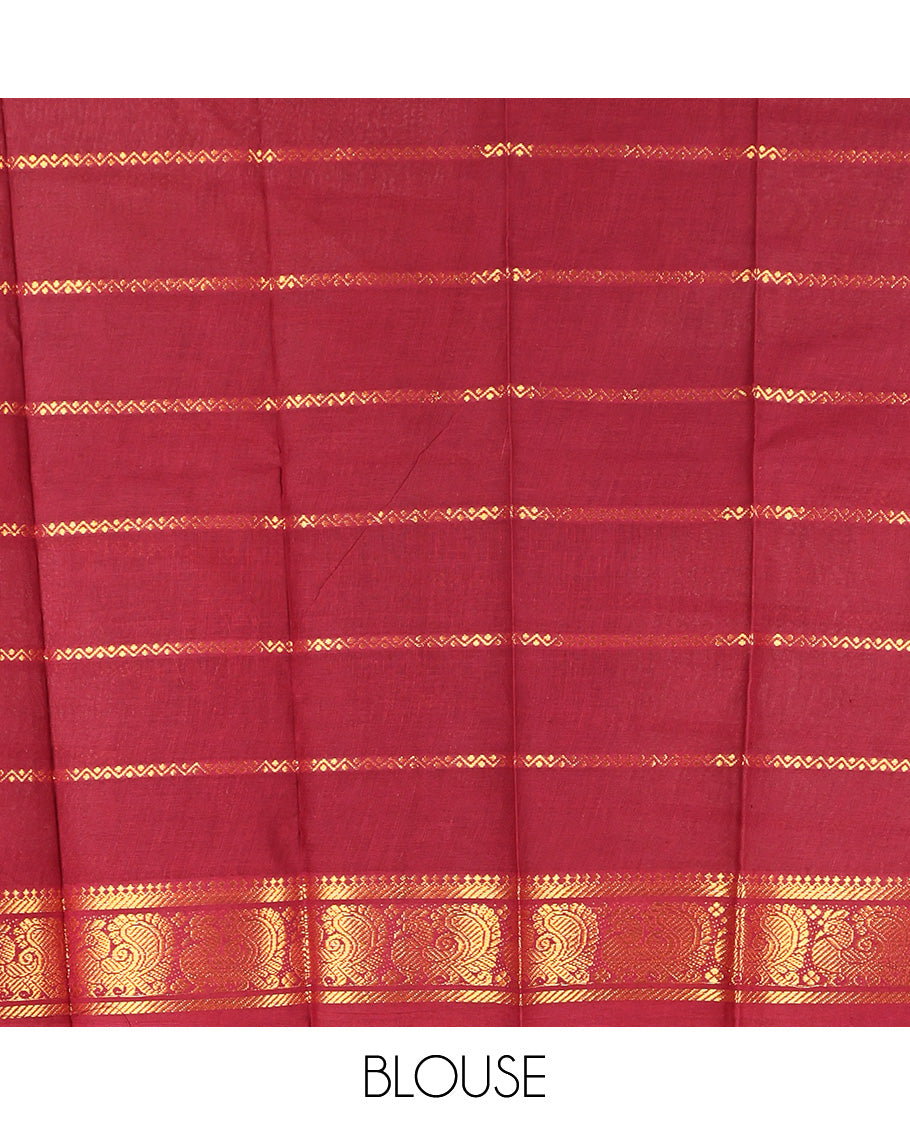 Green Sungudi Cotton Saree, Detailed with Zari Checks on Its Body, Complemented by a Contrast Traditional Zari Border of Big Peacocks, Zari-Striped Pallu, and Paired with a Contrast Blouse
