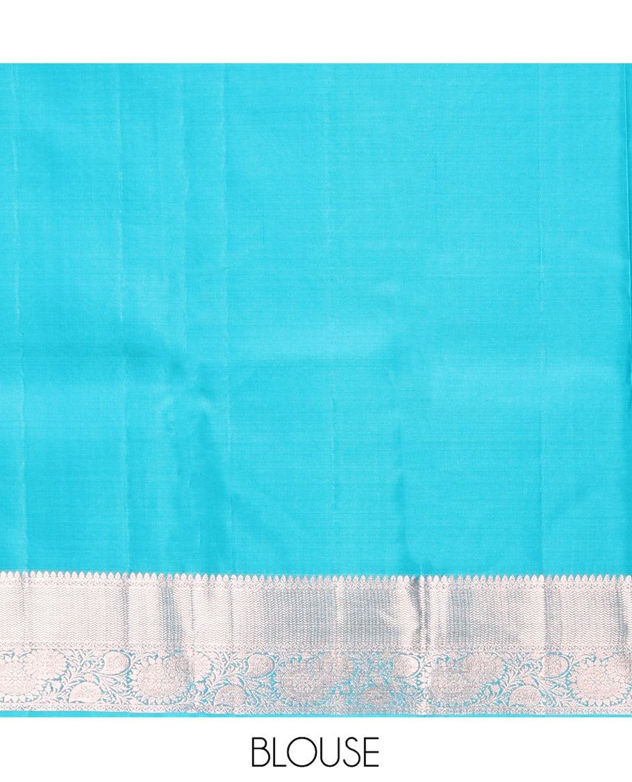 Blue Kanchipuram Wedding Silk Saree, Finely Crafted with Jacquard Design on Its Body, Highlighted by Zari Border of Thilakam, Vanki, and Kodi Visiry Designs, Grand Pallu, and Paired with a Matching Blouse