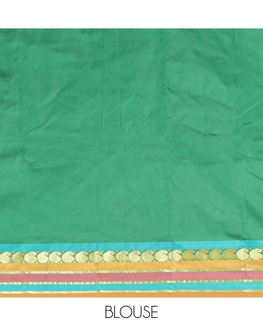 Brown Plain Aarani Silk Saree, Complemented by a Contrast Traditional Zari Design Border, Pallu of Stripes, and Paired with a Contrast Blouse