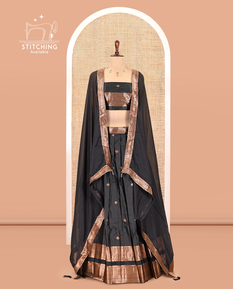 Black Semi-Silk Half-Saree, Entralled with Zari Buttas Woven Skirt, a Rettai Pettu Traditional Border, a Matching Blouse, and Dhavani