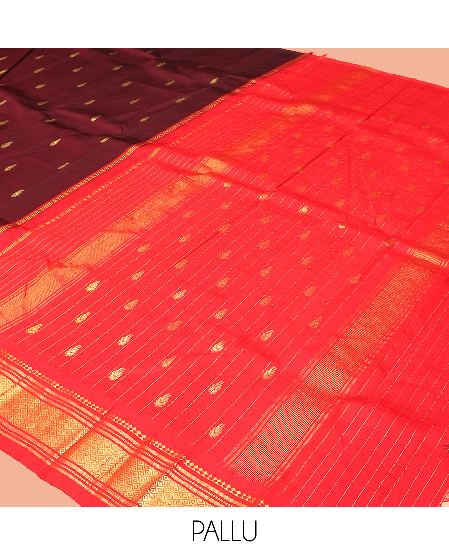 Maroon Kanchipuram Silk Saree, Woven with Zari Buttas, a Contrast One-Sided Korvai Border of Panner Sombu, Banaras, Muthu, and Mayil Kann Designs, a Zari Design Pallu, and No Blouse