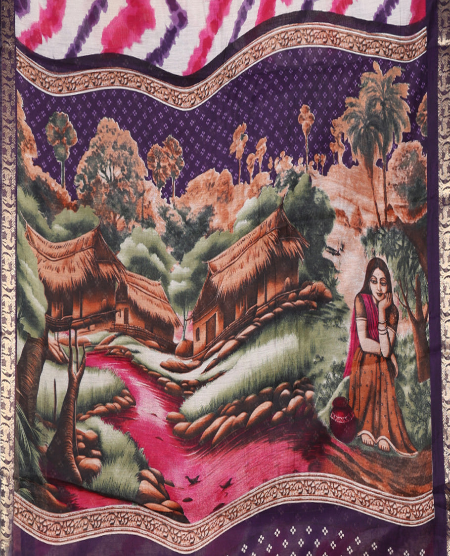 Purple Muslin Cotton Saree Adorned with Zig-Zag Shibori Patterns Prints, Complemented by a Contrast Border of Deer Motifs in Zari, Pallu Decked Up with Scenery Print, and Paired with a Contrast Polka Dots Printed Blouse