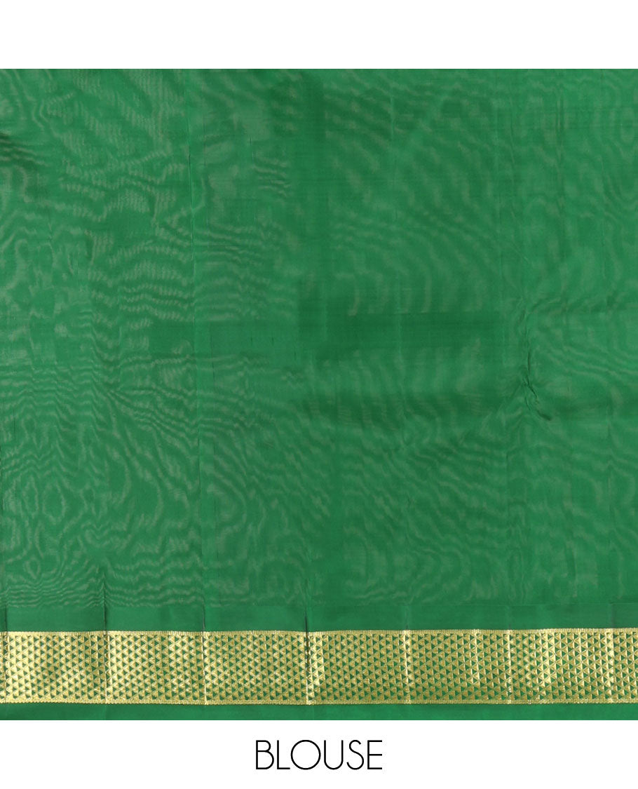 Red Kanchipuram Silk Saree, Woven with Zari Buttas, a Contrast Ara Maadam Border, Zari Design Pallu, and a Contrast Blouse