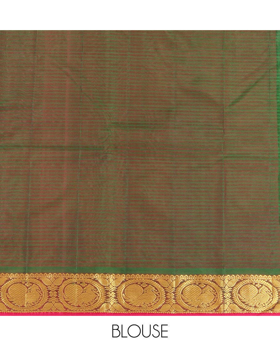 Red Kanchipuram Silk Saree, Elevated with Vazhaipoo Stipes and Zari Buttas, a Contrast Traditional Mayil Motif Border, Pallu of Zari Design, and Contrast Blouse