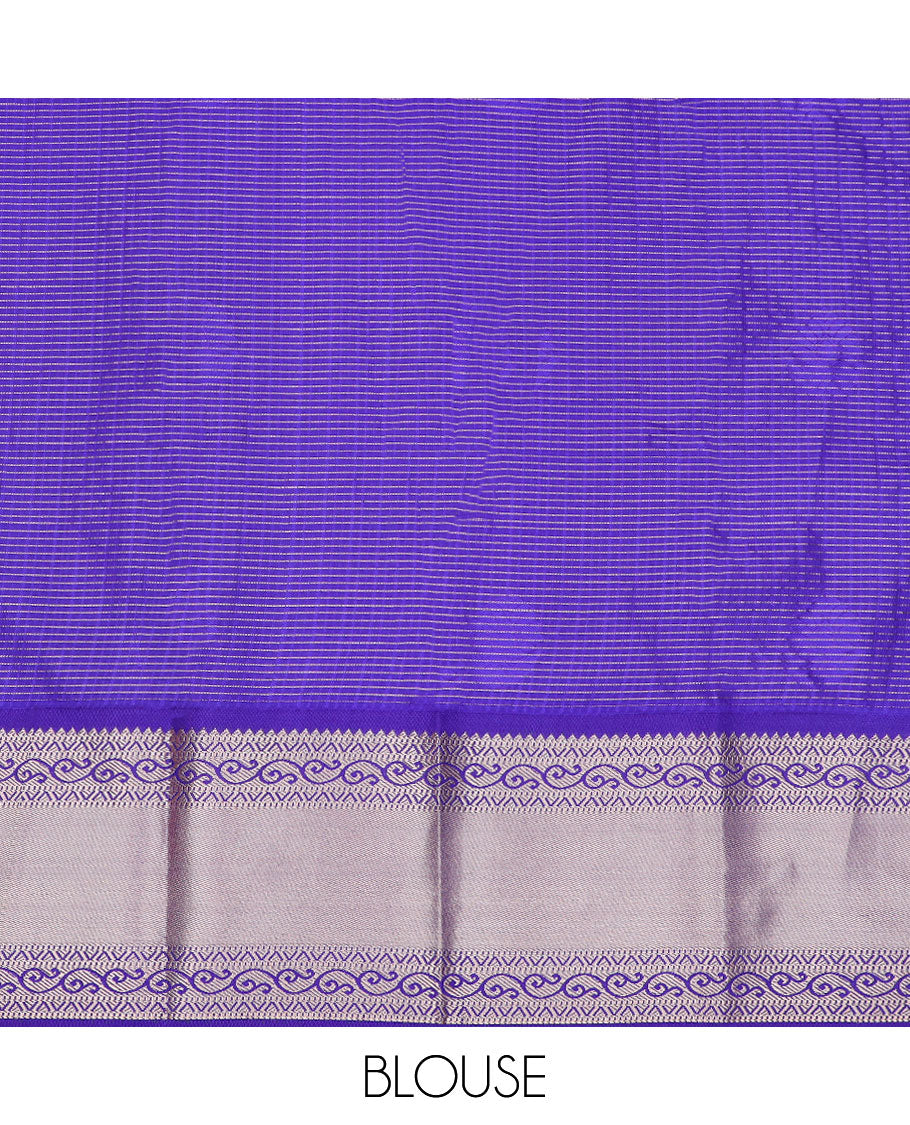 Orange art-silk pavadai material set, micro-zari checked & zari buttas woven pavadai with contrast blouse & traditional zari design border