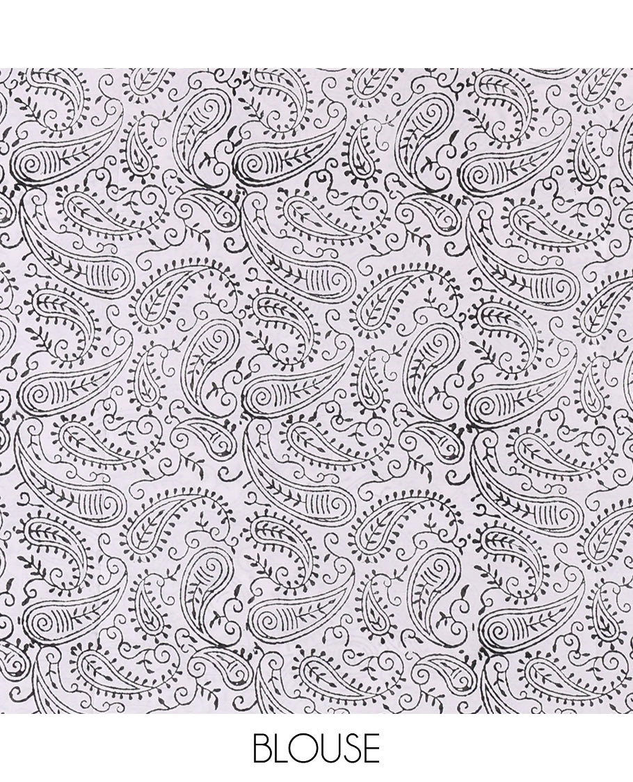 Borderless black peacock motifs patch embroidered South cotton saree with a plain blouse and a contrast paisleys printed blouse