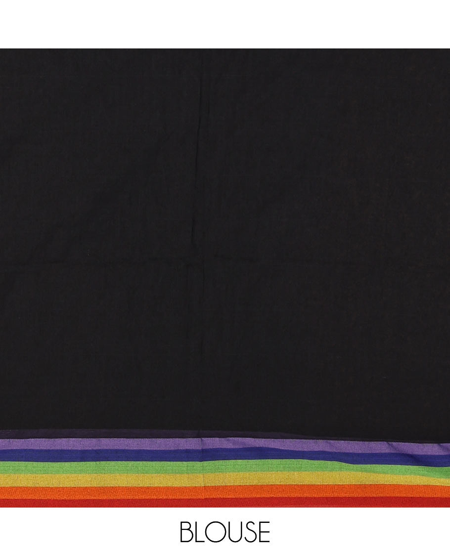 Inky black plain khadi mul cotton saree, contrast rainbow color striped border and plain colorful bordered blouse