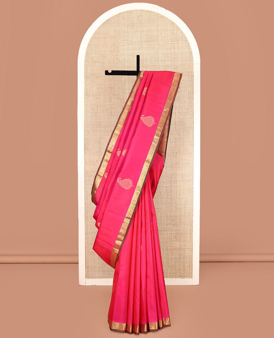 Pink Kanchipuram Silk Saree, Elevated with Manga Buttas All Over Its Body, Complemented by Contrast Border of Salngai, Diamond, and Manga Designs, Pallu of Jaal Design, and Paired with a Contrast Blouse