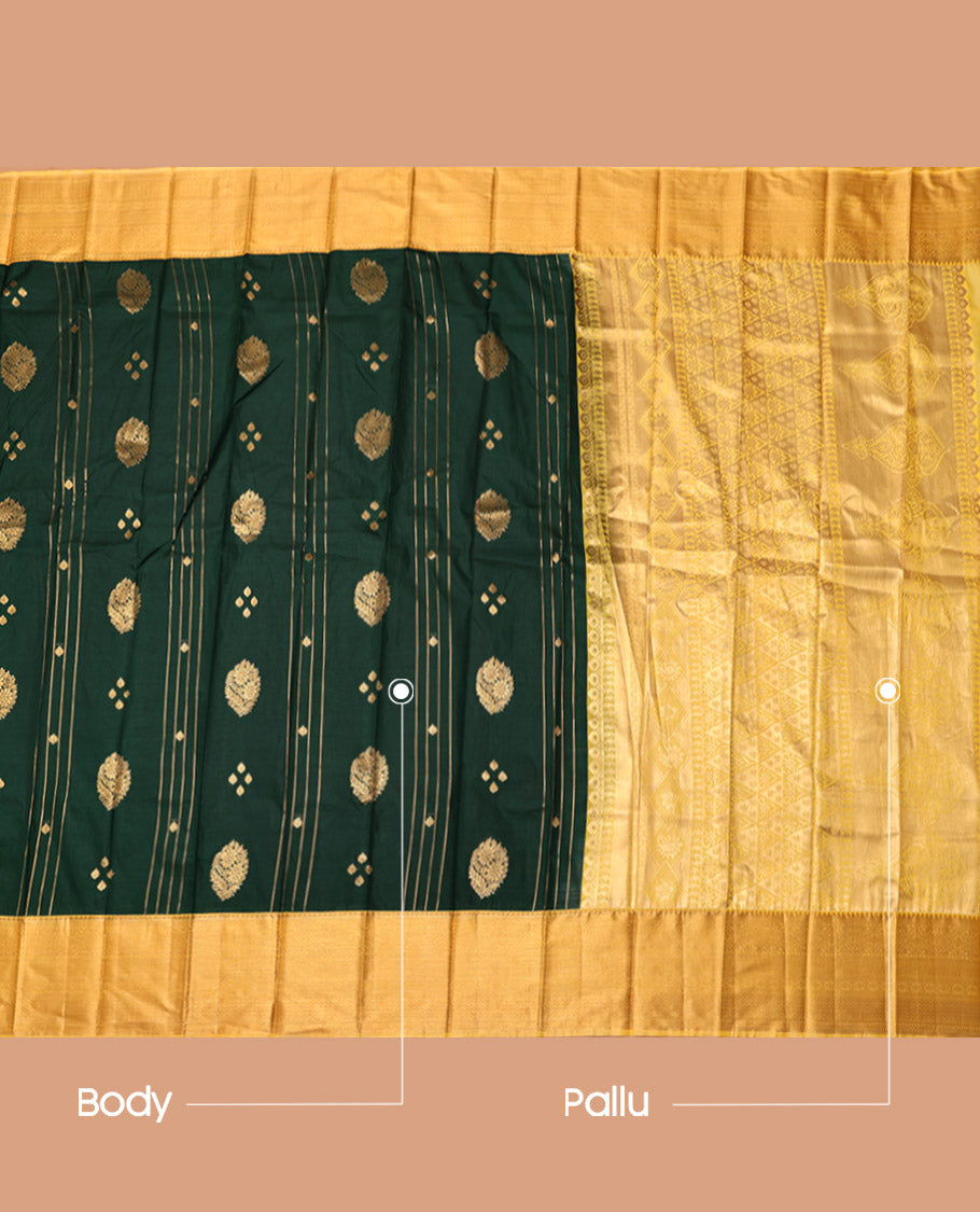 Green Budget Silk Saree, Detailed with Zari Buttas and Stripes, Complemented by a Contrast Traditional Zari Border, Sparsely Woven Pallu, and a Contrast Blouse