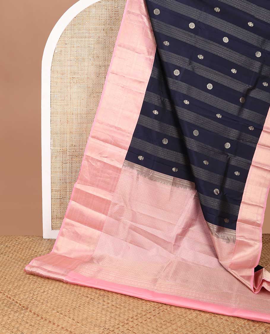 Dark blue floral design silk saree with contrast border of rekku, ara madam design & zari design pallu