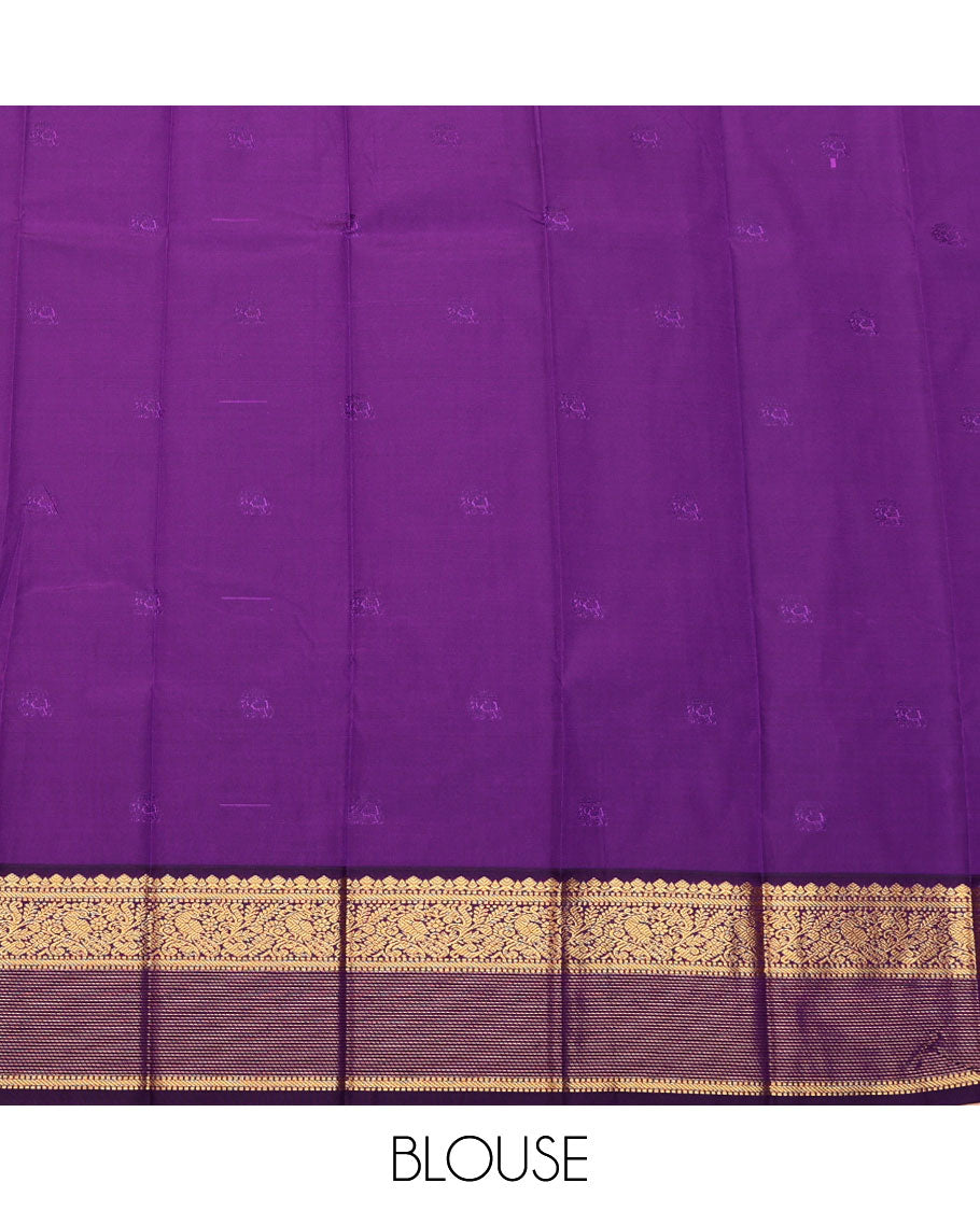 Pink Budget Silk Saree, Bedecked with Elephant Buttas All Over Its Body, Complemented by a Contrast Traditional Zari Border of Peacock Designs, Pallu of Jaal Designs, and Paired with a Contrast Blouse