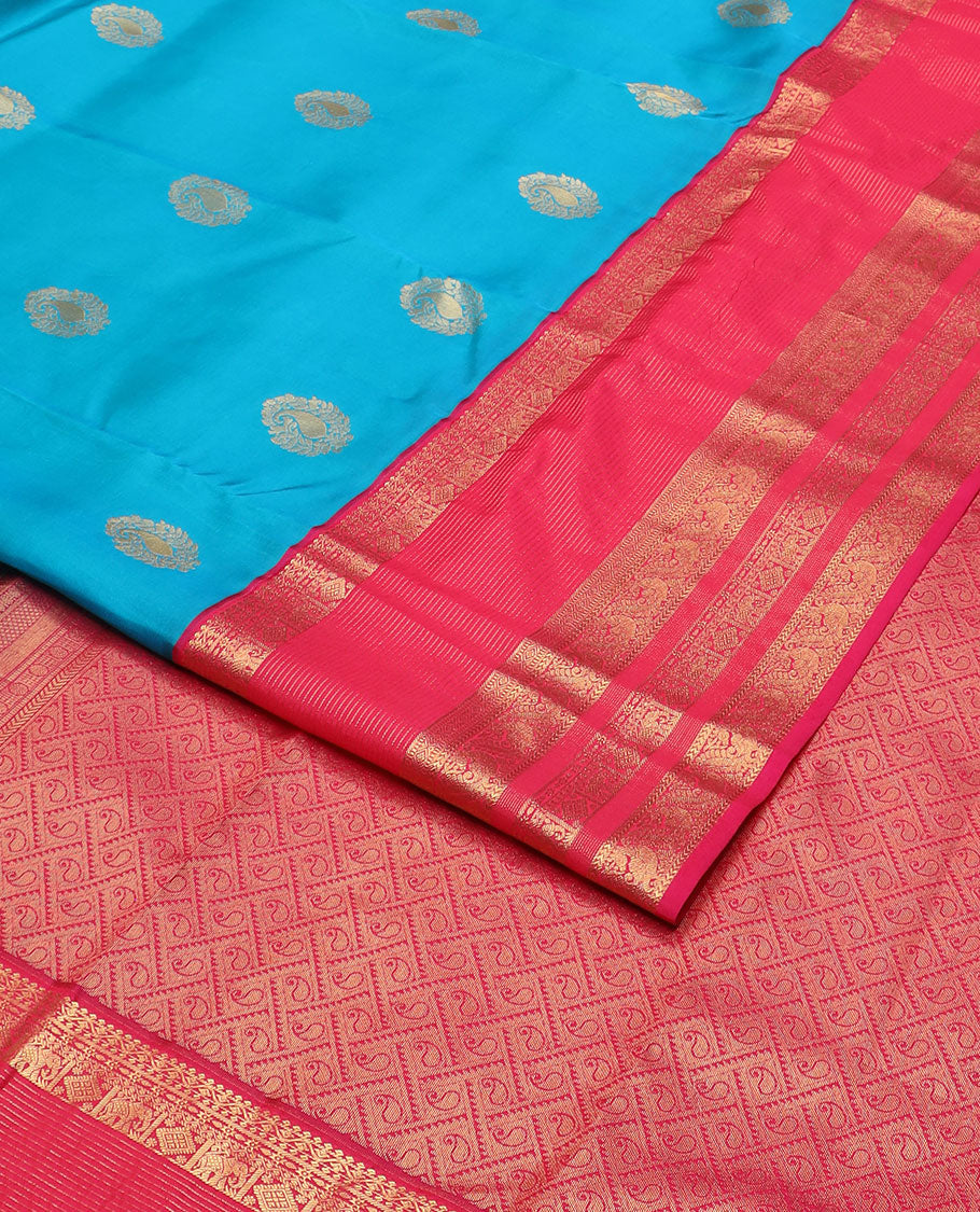 Blue zari buttas vasundhara silkmix saree, contrast mango design pallu & border of mayil, manga, yaanai & diamond design