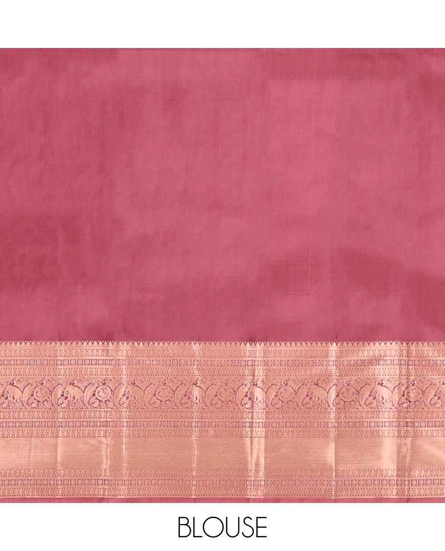 Rosewood Pink Kanchipuram Wedding Silk Saree, Artfully Detailed with Jacquard on Its Body, Highlighted by a Zari Border of Thilakam, Kamalam, Round Mayil, and Yaanai Designs, Opulently Embellished Pallu, and Paired with a Matching Blouse