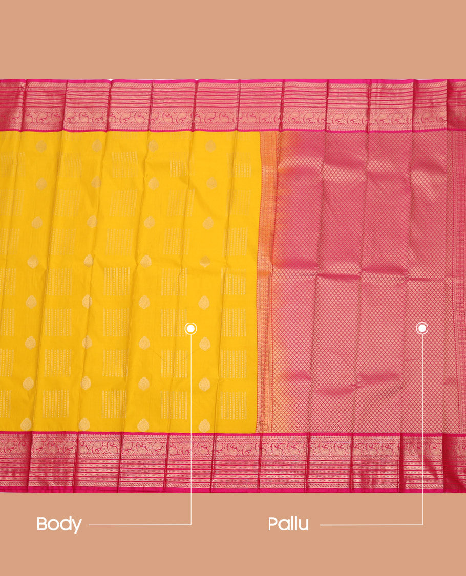 Yellow Budget Silk Saree, Sparsely Sparkled with Zari Buttas, Complemented by a Contrast Traditional Zari Border, Jaal Pallu, and Contrast Blouse