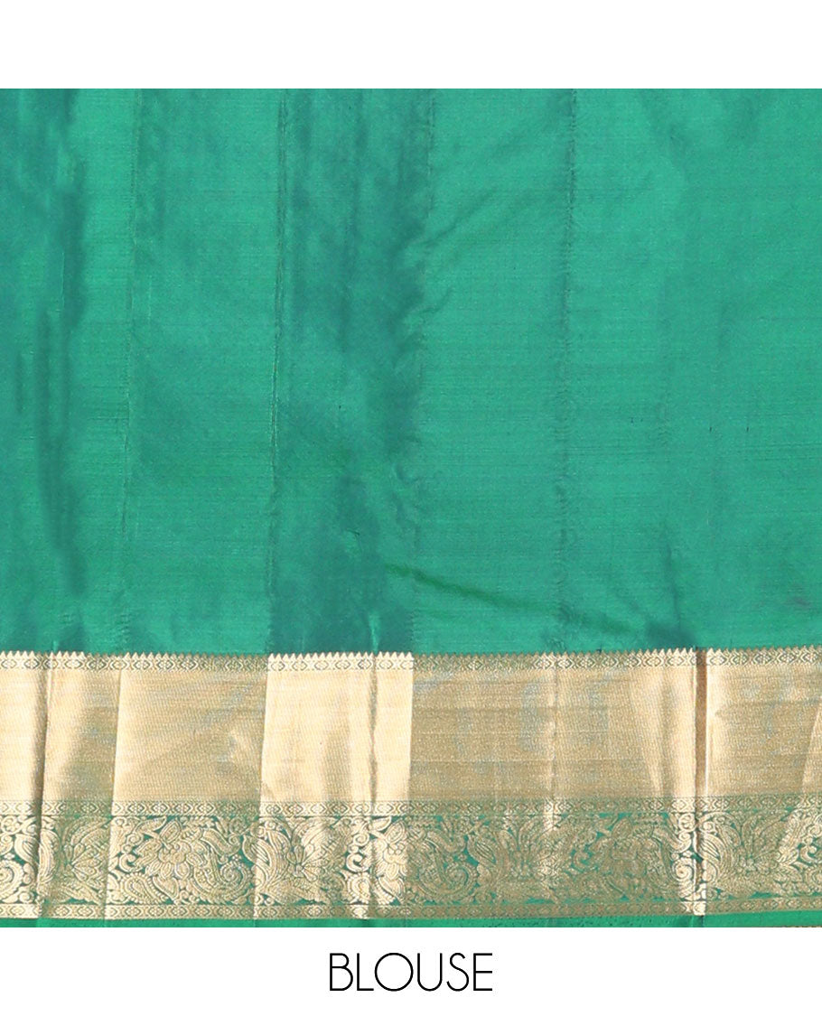Green floral jacquard kancheepuram silk saree with self border of rekku, paun, banaras design floral pallu