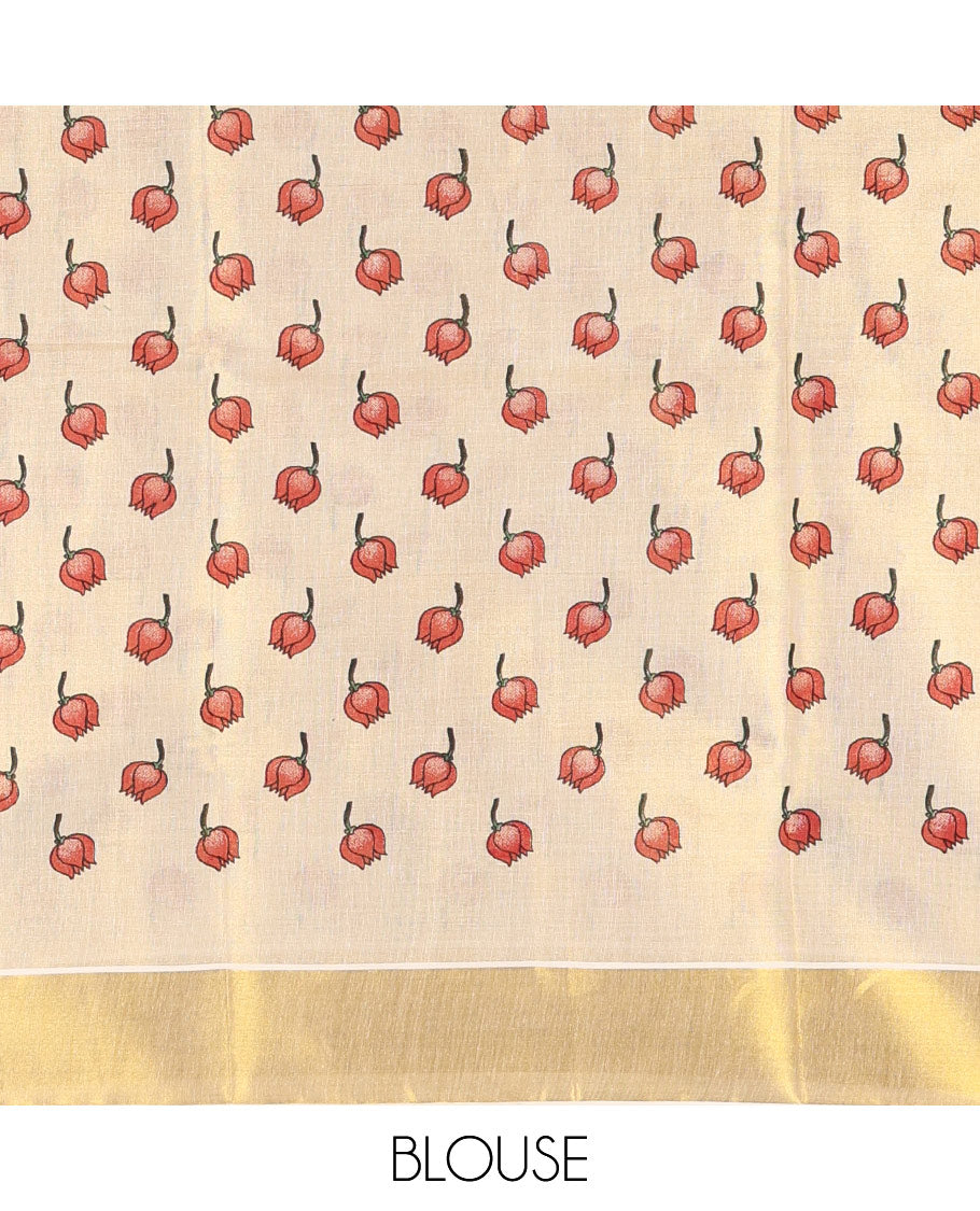 Gold-red pichwai lotus printed Kerala cotton saree, gold zari with lotus printed border, pallu features hand-holding lotus motifs, and lotus printed blouse