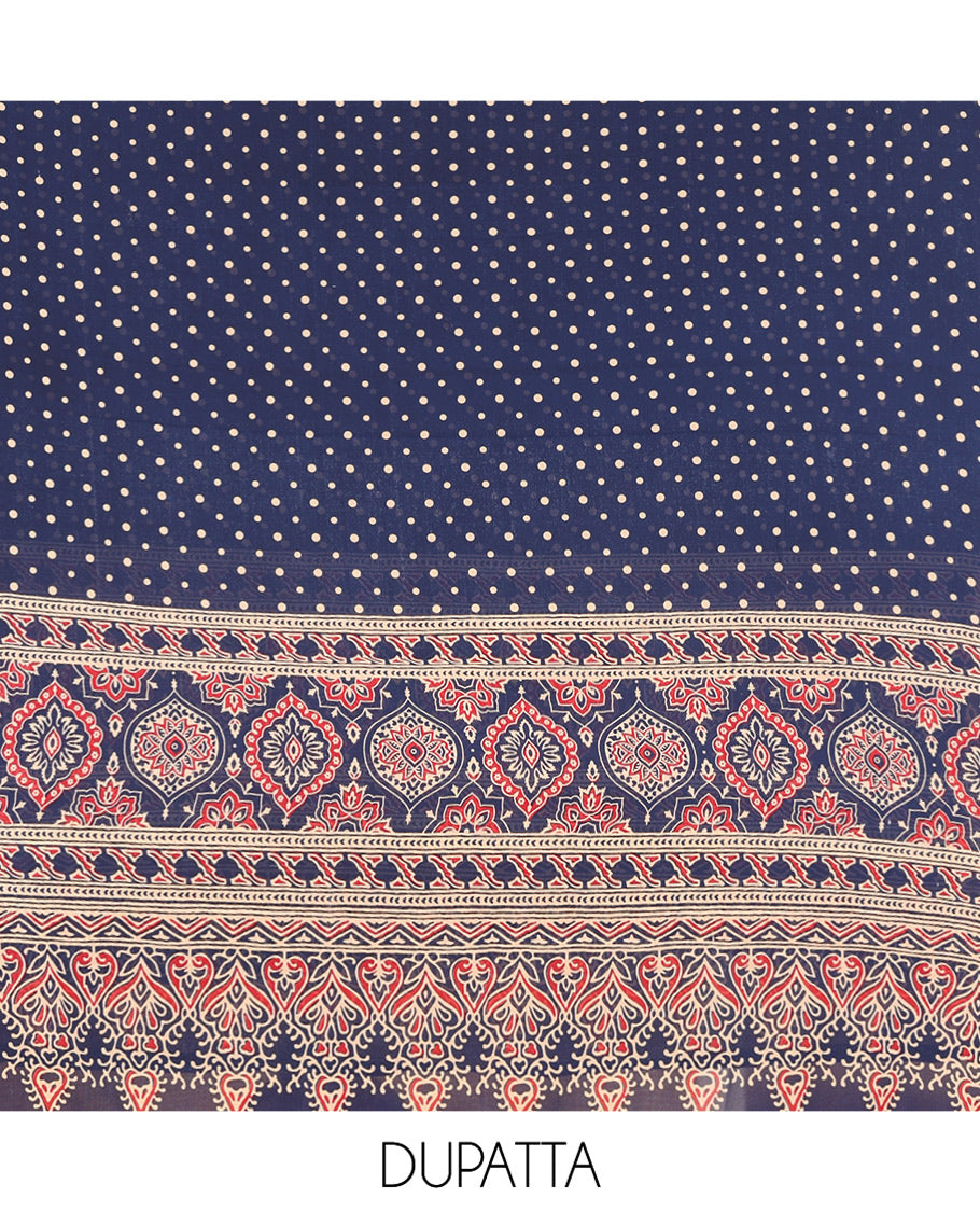 Navy Blue Georgette Material Churidar Set, Polka Dot and Ajrakh Neck Work Top, a Matching Bottom, and Ajrakh Printed Dupatta