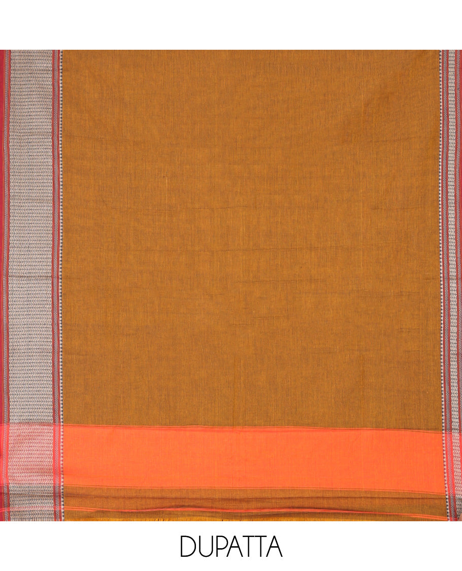 Mustard Mercerised Cotton Material Churidar Features Plain Top, Contrast Traditional Thread Border, Plain Bottom, Matching Dupatta