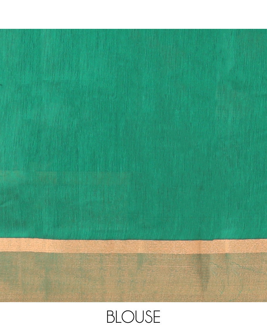 Green Semi-Silk Cotton Saree, Highlighted by Zari Buttas All Over Its Body, Highlighted by a Zari Border, Pallu of Intricate Zari Design, and Paired with a Matching Blouse