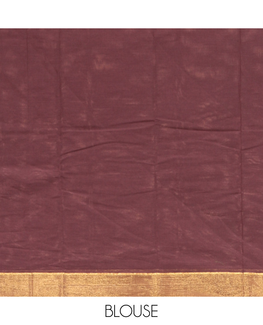 Brown Kanchi Cotton Saree, Detailed with Buttas All Over Its Body, Complemented by Contrast Border, Pallu of Geometric Designs, and Paired with a Matching Blouse