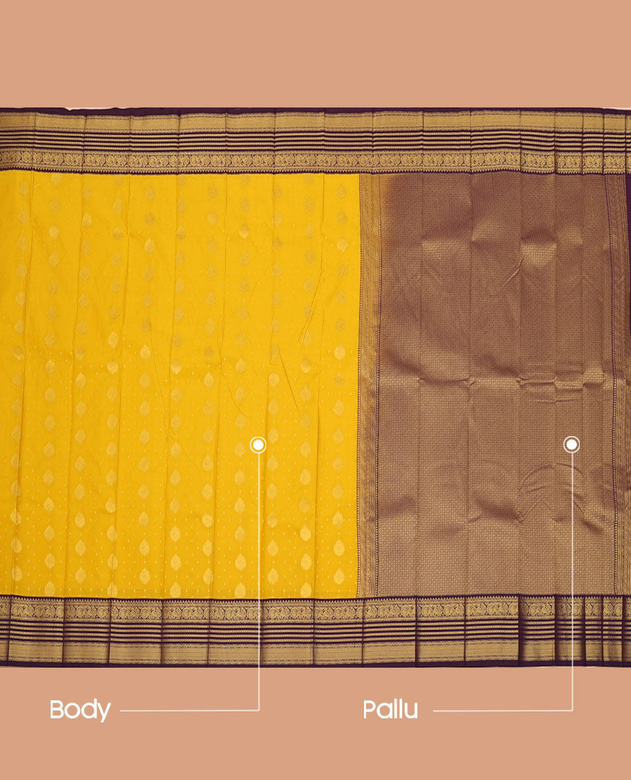Yellow Budget Silk Saree, Sparsely Woven with Buttas All Over Its Body, Complemented by a Contrast Traditional Zari Design Border, Grand Jaal Pallu, and Paired with a Contrast Blouse