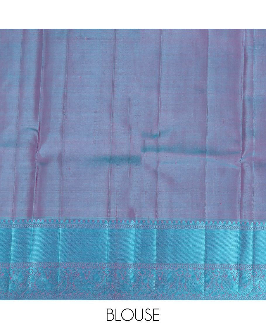 Orange Kanchipuram Silk Saree, Woven with Mayil-Chakram Buttas, Complemented by a Contrast Mayil Motif Woven Border, Jaal Pallu, and a Contrast Blouse