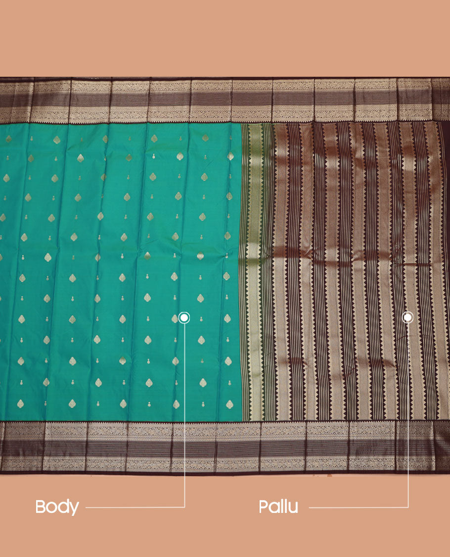 Green Budget Silk Saree, Decked Up with Zari Buttas on Its Body, Complemented by a Contrast Traditional Zari Design Border, Geometric-Patterned Pallu, and Paired with a Contrast Blouse