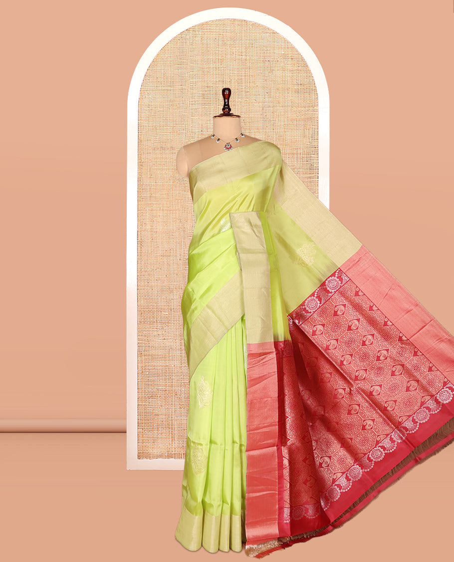 Green Semi Uppada Saree, Decked Up with Zari Buttas, a Bavanji Border, Contrast Intricate Pallu, and a Contrast Blouse