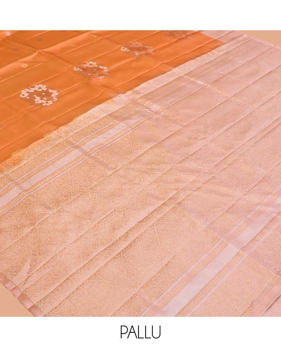 Orange Mayuri Lite Silk Mix Saree, Gleamed Up with Zari Buttas on Its Body, Complemented by a Contrast Border, Pallu of Intricate Designs, and Paired with a Contrast Blouse
