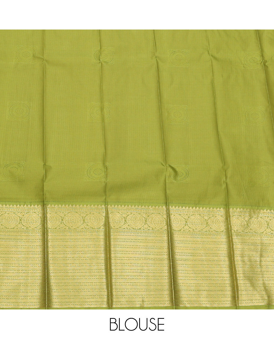 Red Budget Silk Saree, Detailed with Zari Buttas and Stripes, Complemented by a Contrast Traditional Zari Border, Jaal Pallu, and a Contrast Blouse